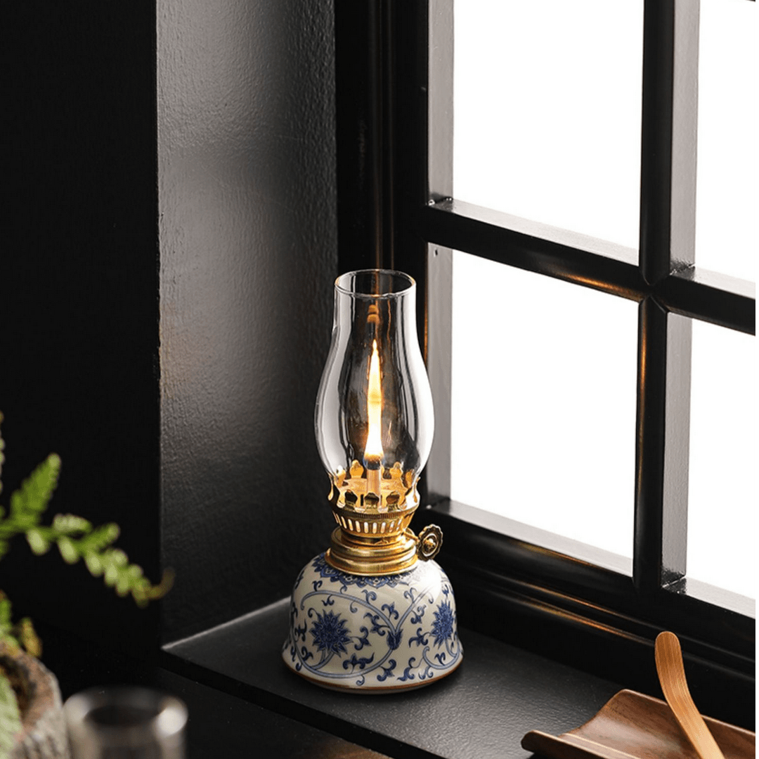 复古青花小夜灯缠枝莲陶瓷仿古玻璃氛围灯家用茶桌灯盏露营长明灯