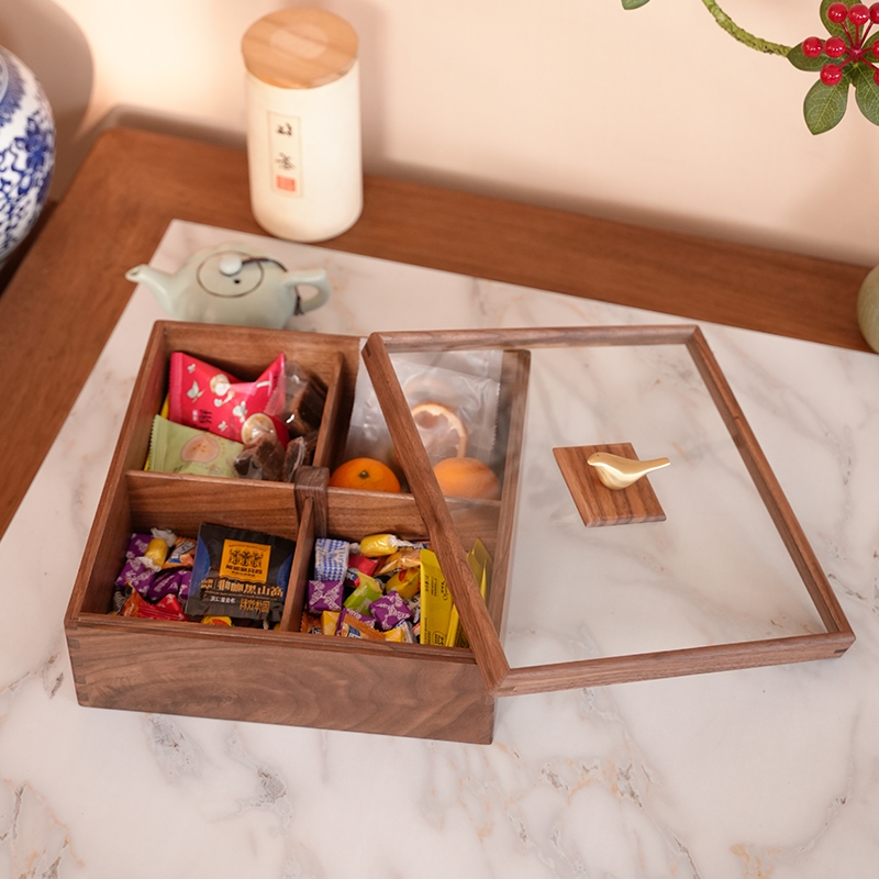 黑胡桃木网红高档铜鸟干果盒创意分格带盖干果实木新中式收纳盒