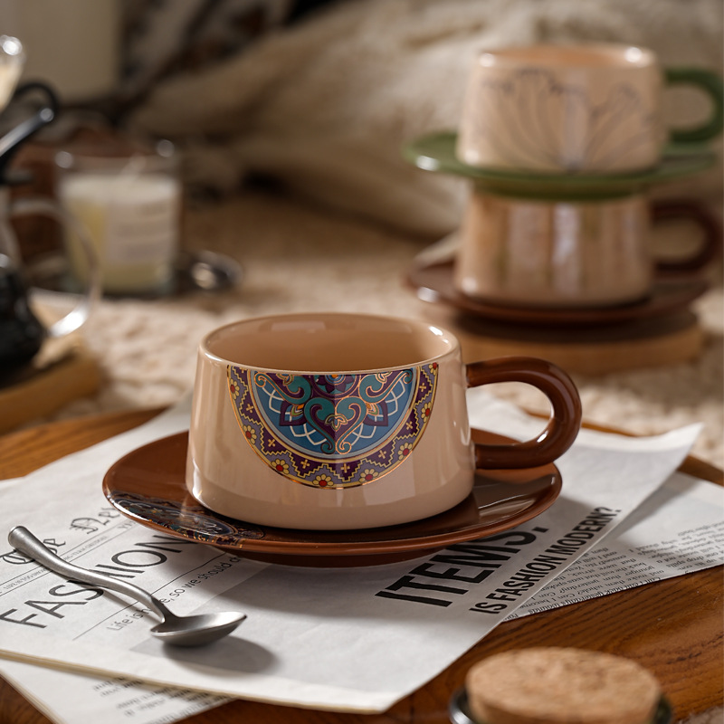 复古英伦风咖啡杯碟陶瓷咖啡拉花拿铁杯云南印象高颜值杯碟套装