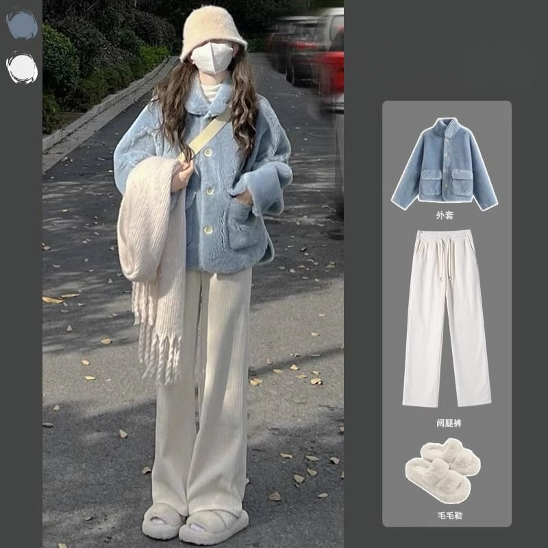 米白色灯芯绒阔腿裤女春秋冬高腰垂感休闲加绒小个子雪尼尔直筒裤