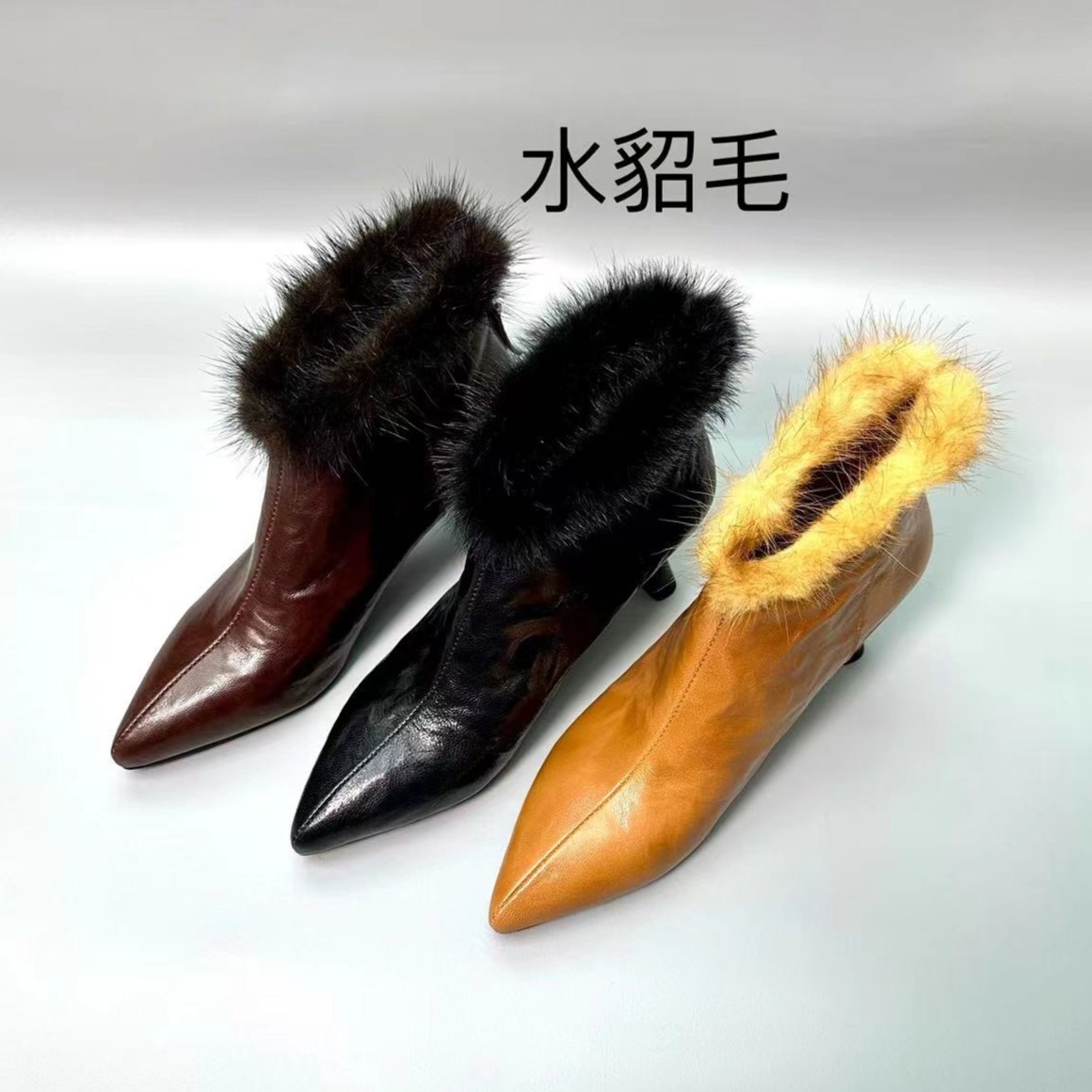 百丽纯爱5公分跟秋冬水貂毛羊皮小裸靴女士尖头时尚2023新款短靴