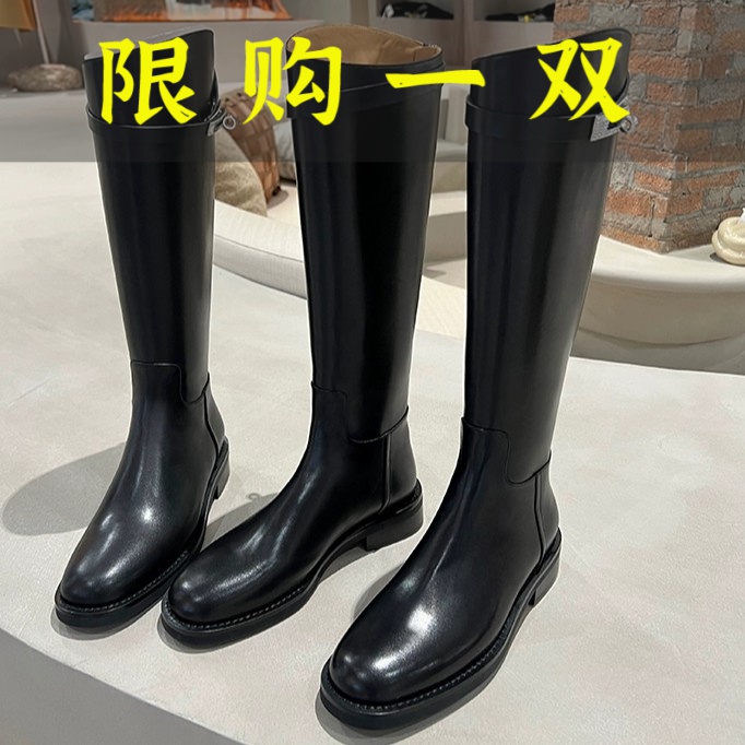 百丽纯爱牛皮版~~新款水钻搭扣粗跟厚底真皮中高筒骑士长靴女秋