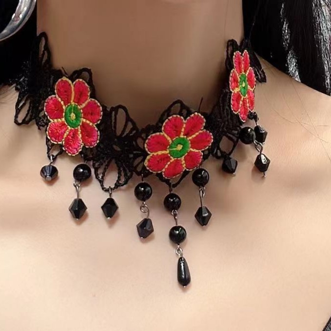 非金属珐琅项链 红花短颈链6841