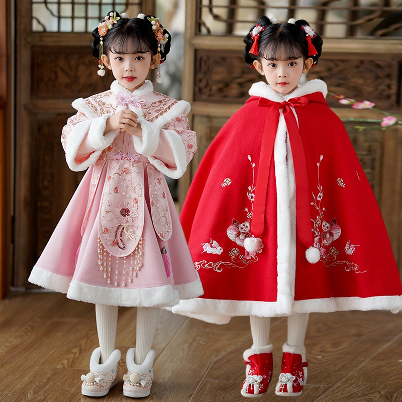 汉服女童2025冬季加绒喜庆刺绣旗袍唐装儿童中国风红色古装拜年服