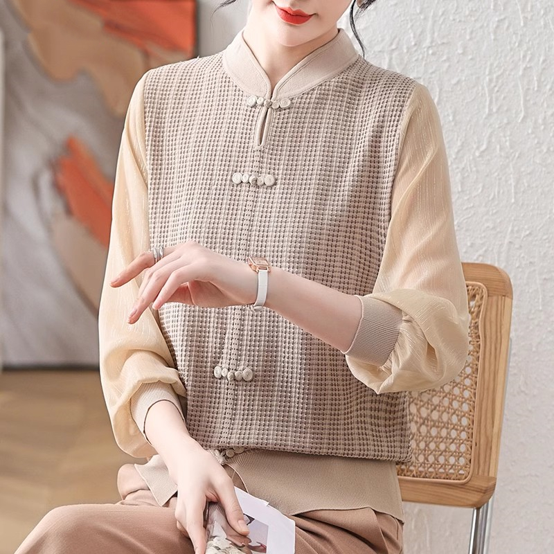 妈妈春装洋气打底针织衫新中式国风上衣中老年女春秋针织小衫高贵
