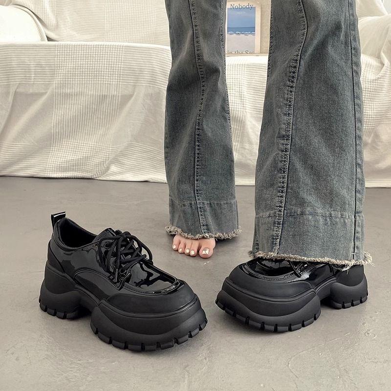 英伦风法式厚底增高小皮鞋女秋季深口单鞋2023新款黑色松糕乐福鞋