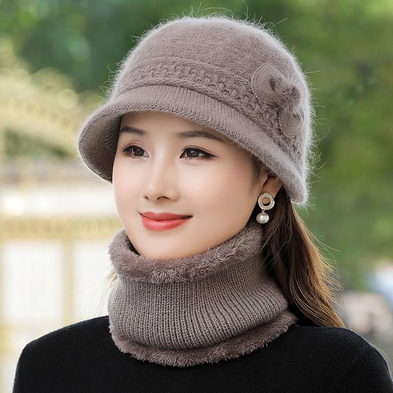 P中老年帽子女款冬季妈妈帽老人奶奶洋气毛线帽围脖两件套冬天保