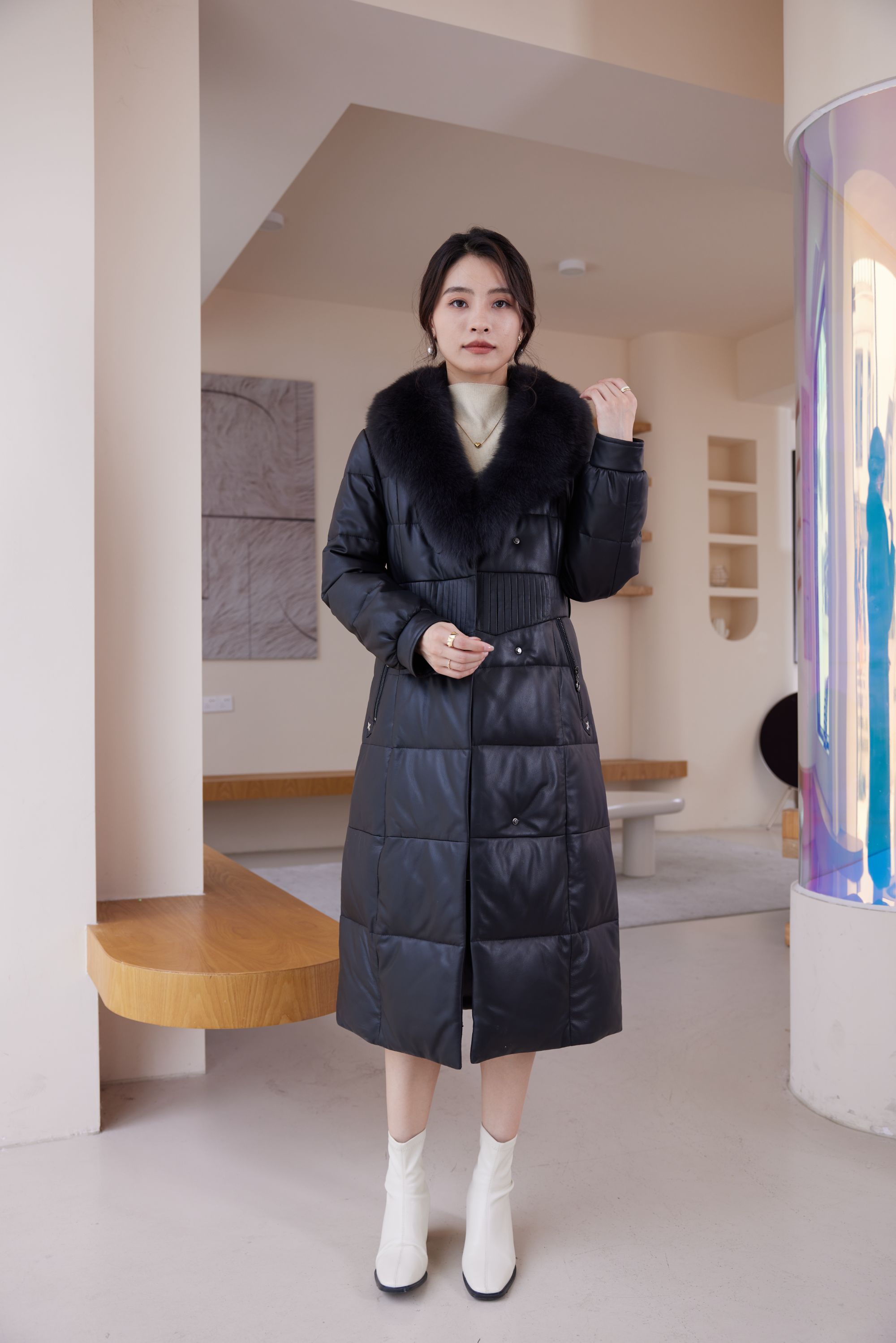 海宁头层绵羊皮白鹅绒时尚女士中长款宽松加厚保暖冬季大毛领