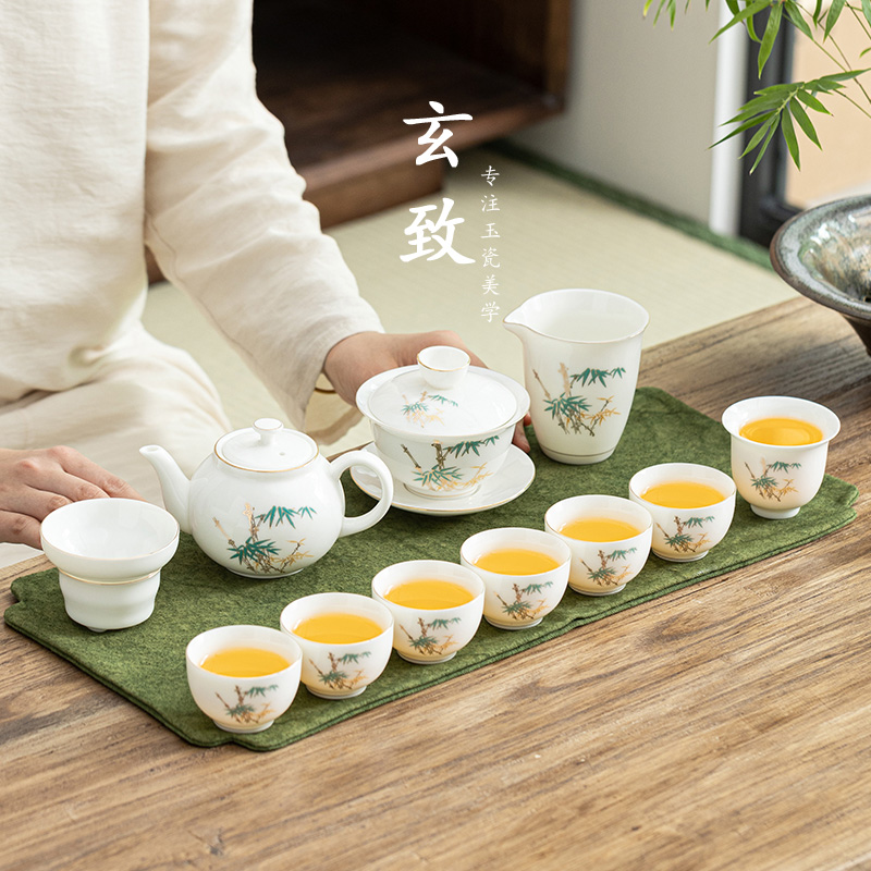 高档羊脂玉金竹报喜陶瓷茶具套装家用简约中式手工描金玉瓷茶盖碗