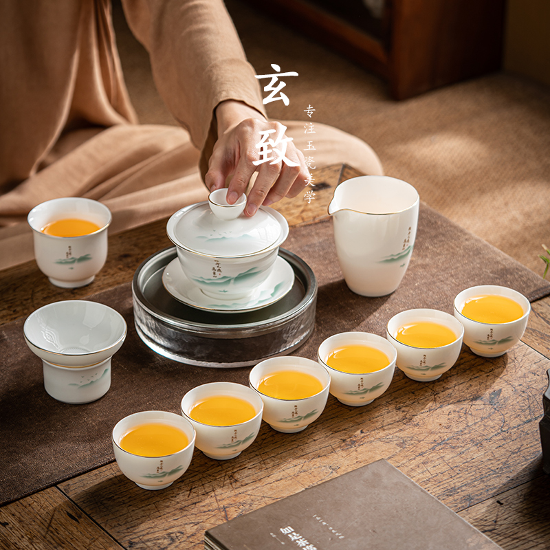 羊脂白玉瓷茶具套装【轻舟已过万重山-069】描金家用大号功夫瓷盖碗