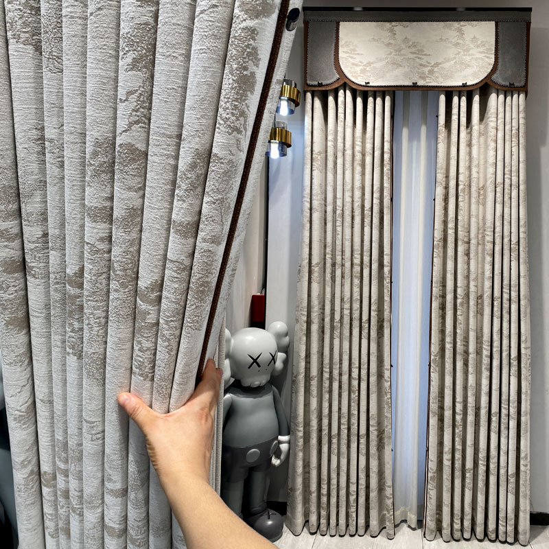 新中式古典风格窗帘客厅卧室加厚米色雪尼尔提花高遮光面料定制款