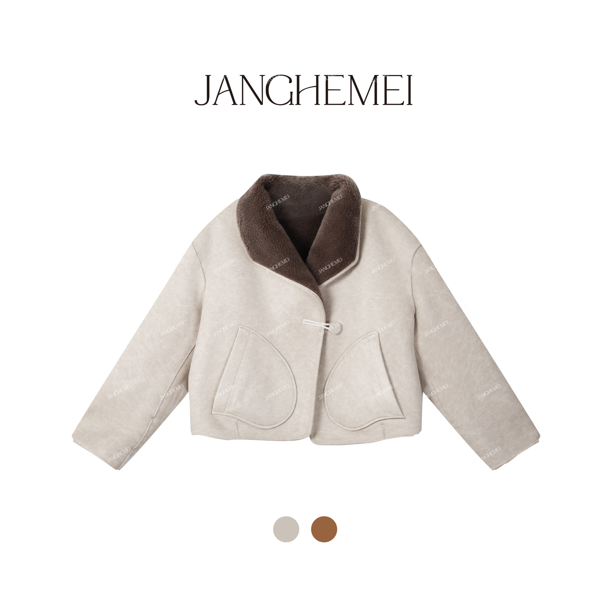 JANGHEMEI【焦糖玛奇朵】复古短款皮毛一体长袖外套 W25599M43