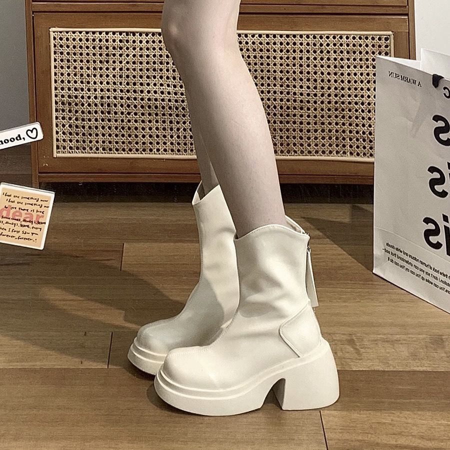 瘦瘦靴女2023时尚新款厚底英伦风百搭优雅后拉链马丁靴女潮流增高