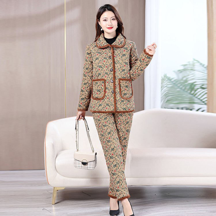 冬季新款时尚妈妈装加绒加厚棉衣裤套装#长袖外套棉袄保暖显瘦