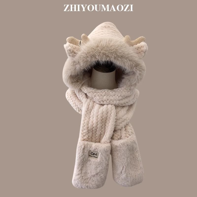 新疆包邮帽子女冬季新款保暖防寒三件套毛绒加厚围巾手套一体连帽