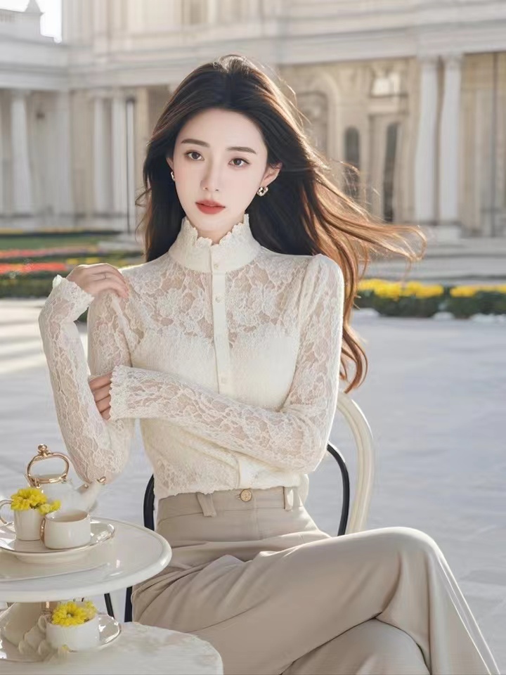 SS824白色蕾丝花边打底衫上衣冬季法式轻奢高级感绝美长袖衬衫