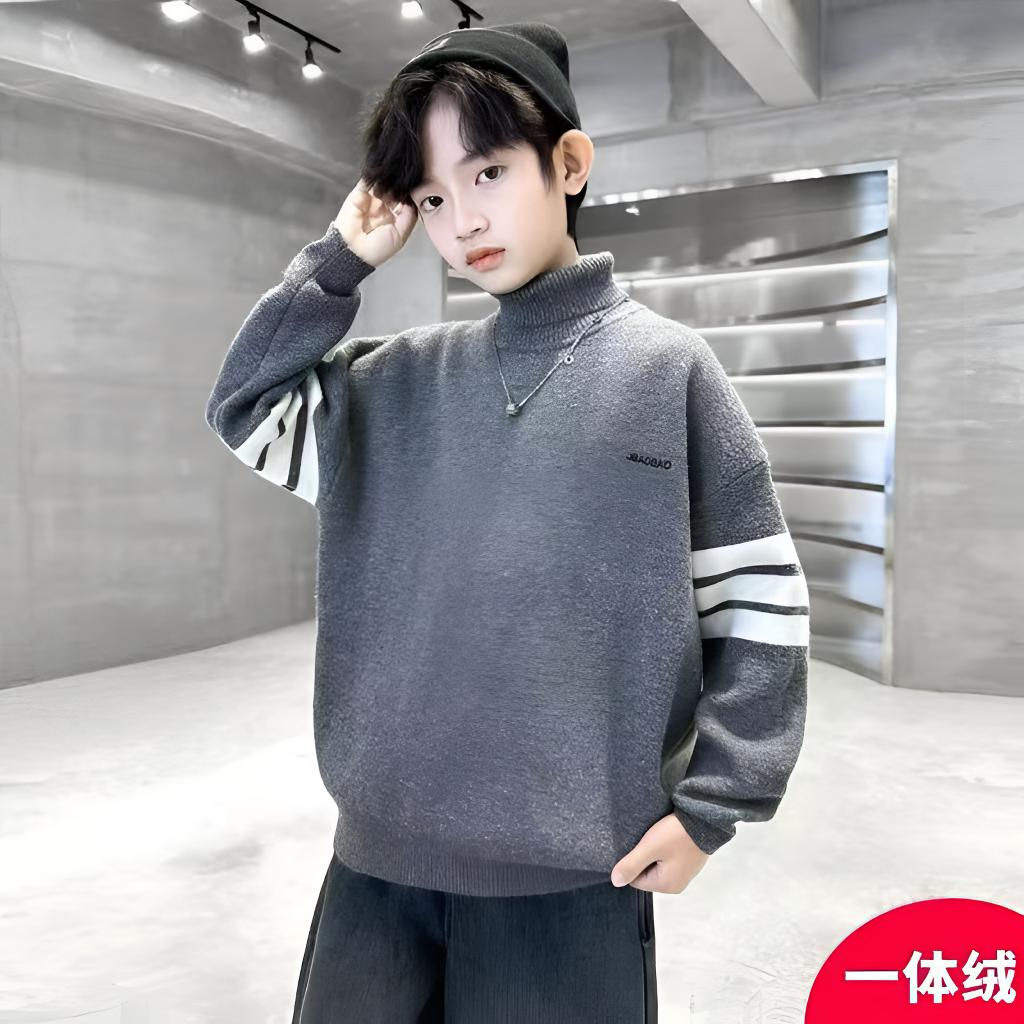 中大童一体绒毛衣韩版加绒洋气男童开学套头冬款加厚高领男童毛衣