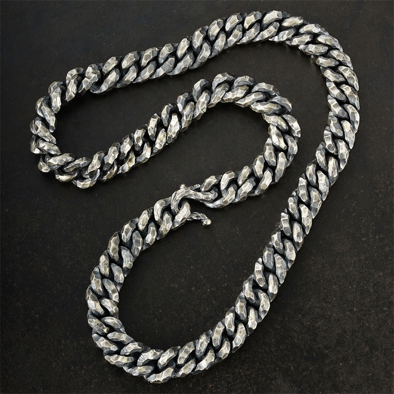 希然 链子925银 手工纯银锤击纹大项链 S扣粗犷夸张古巴银项链男