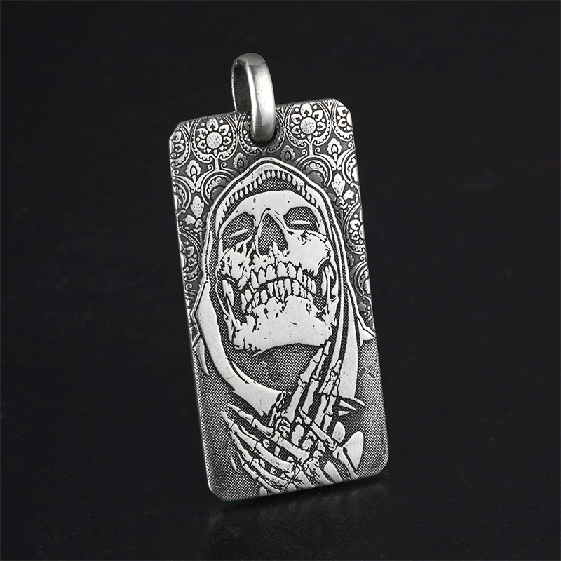 希然 吊坠925银 手工雕花扑克牌骷髅头死神吊牌 暗黑机车男士吊坠