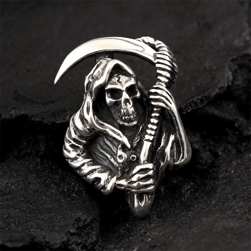 希然 吊坠925银 手工纯银死神吊坠 暗黑毛衣链骷髅头镰刀项链挂坠