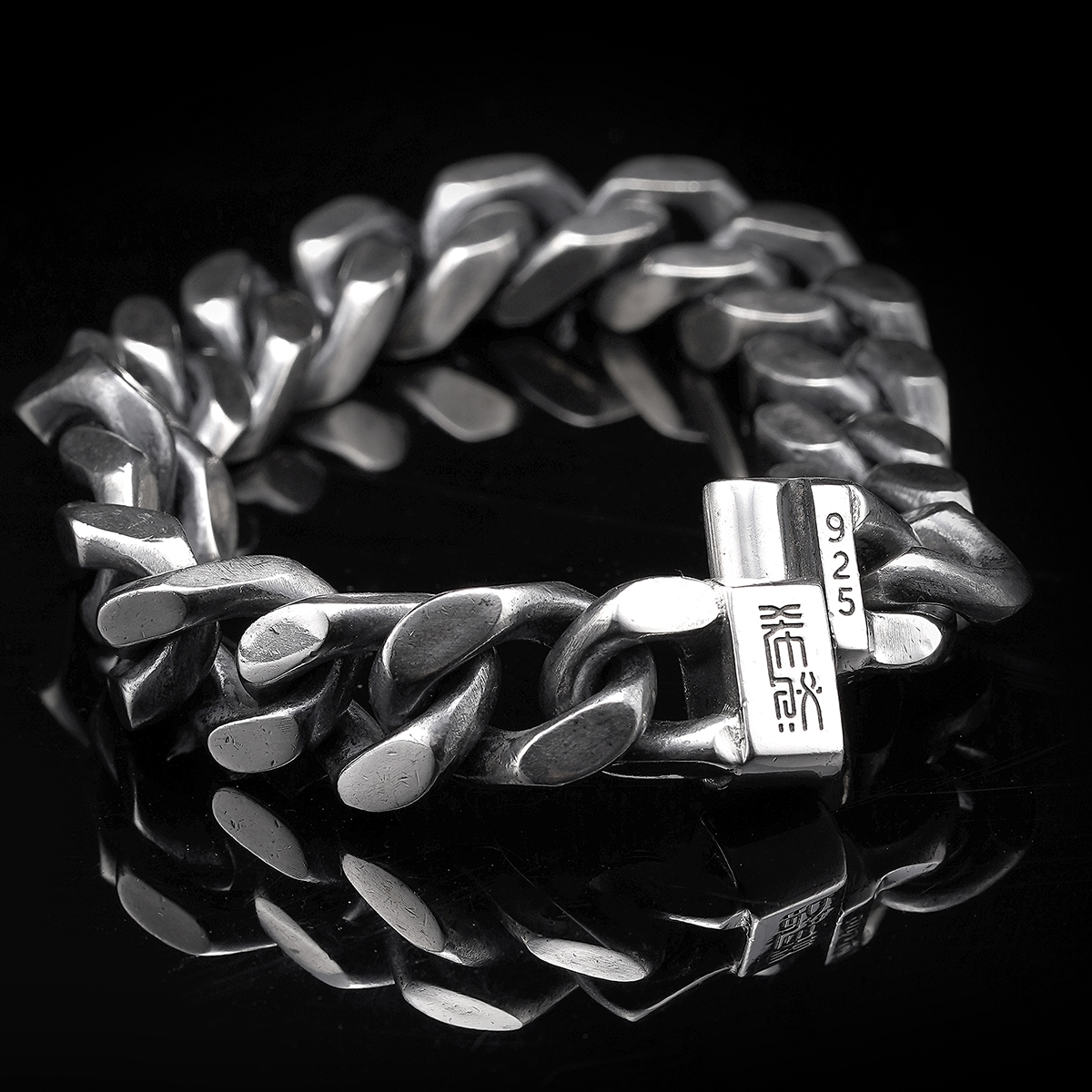 925银手链 希然原创手工纯银古巴链机车重工夏季男士磁吸古巴手链