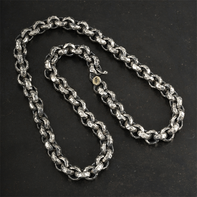 希然 链子925银 原创纯银手工錾刻转运珠项链 11mm粗圆环硬核颈链