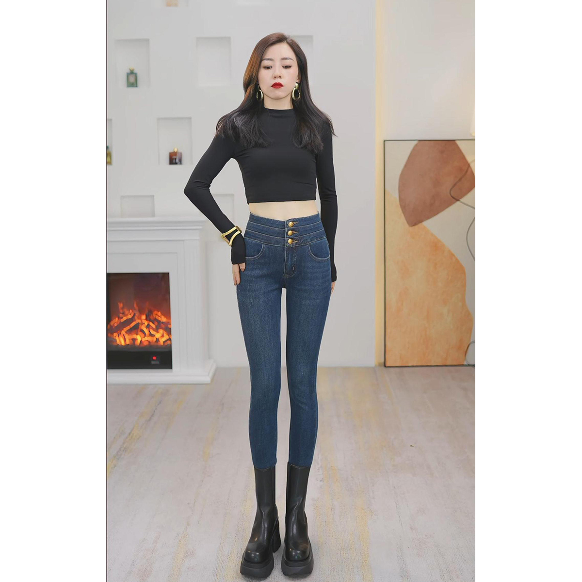 2024春冬季小脚牛仔裤女新款高腰显瘦紧身弹力九分铅笔长灰色裤子