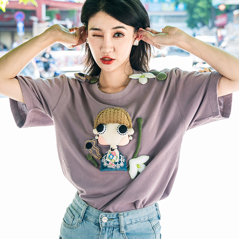 芽小七原创名画之女神游乐厅纯棉t恤夏女圆领短袖宽松设计感上衣