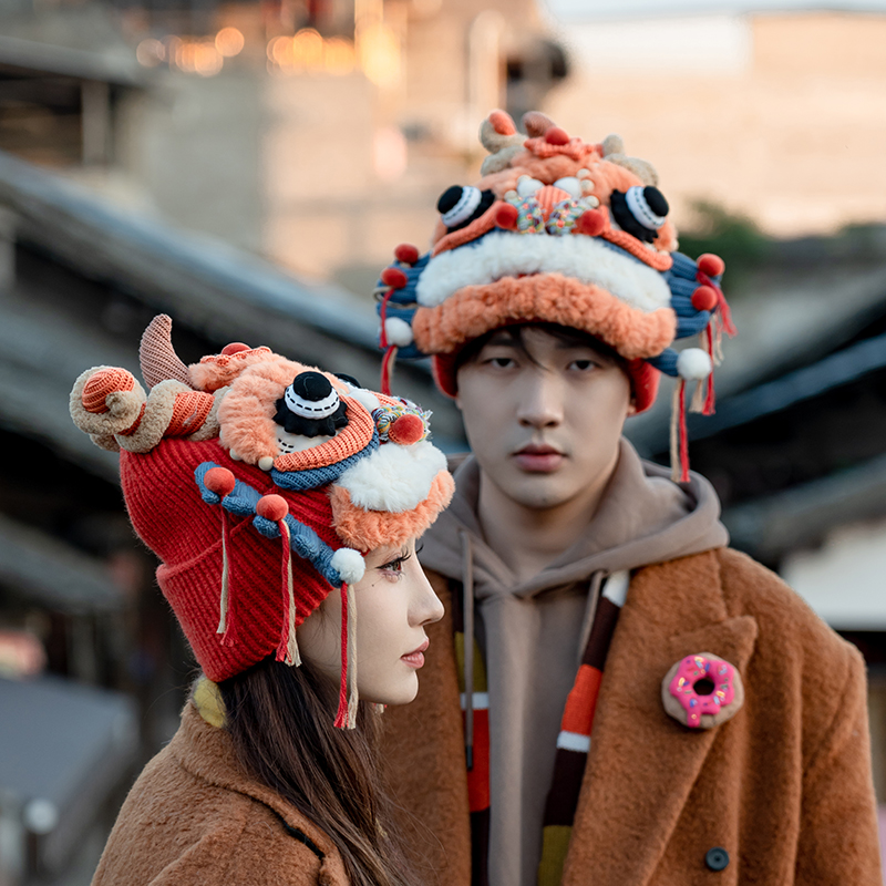 芽小七原创广府舞龙毛线帽百搭手工制作秋冬保暖男女情侣款新款