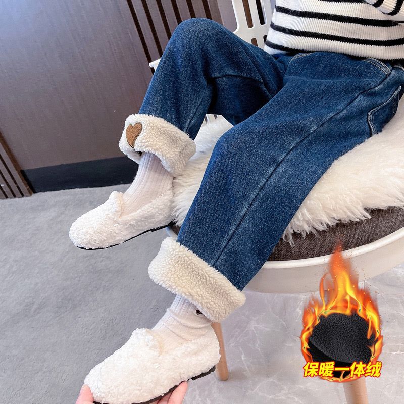女童加绒牛仔裤秋冬2023新款洋气女宝宝加绒加厚中小童一体绒裤子