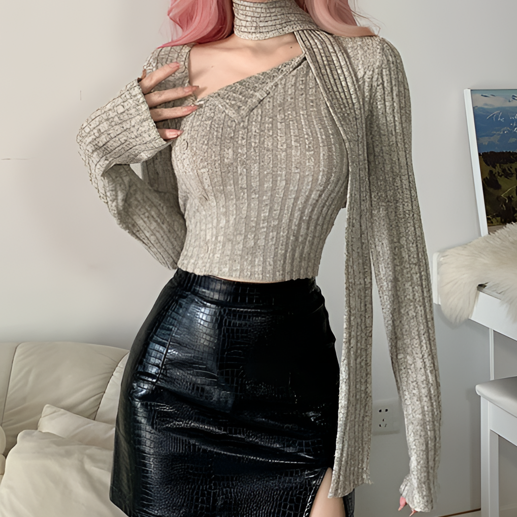 冬季新款辣妹设计感小众斜口翻领围巾短款针织上衣女百搭修身显瘦