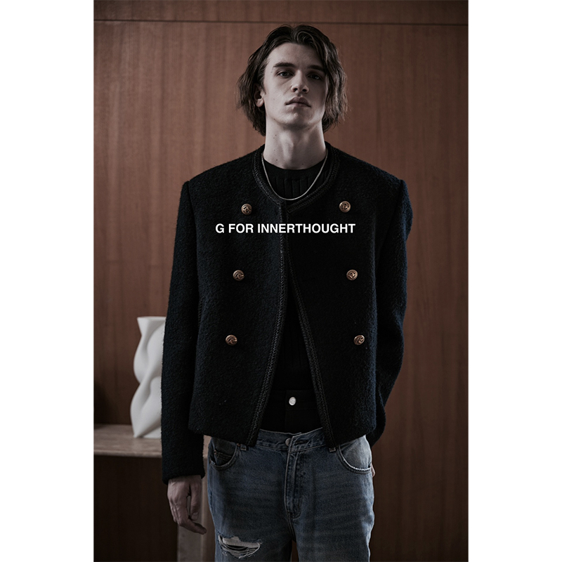 G FOR INNERTHOUGHT|日本尾州蓬松小香风黑色毛呢夹克男