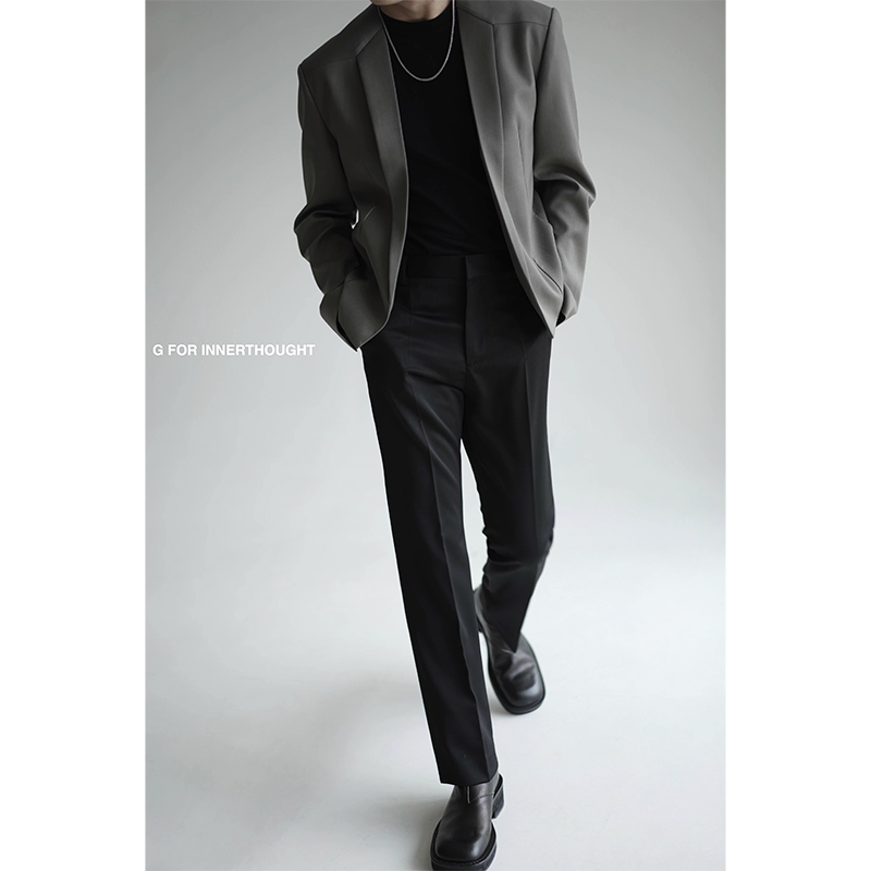 G FOR INNERTHOUGHT|进口哑灰绿羊毛无领夹克西装男