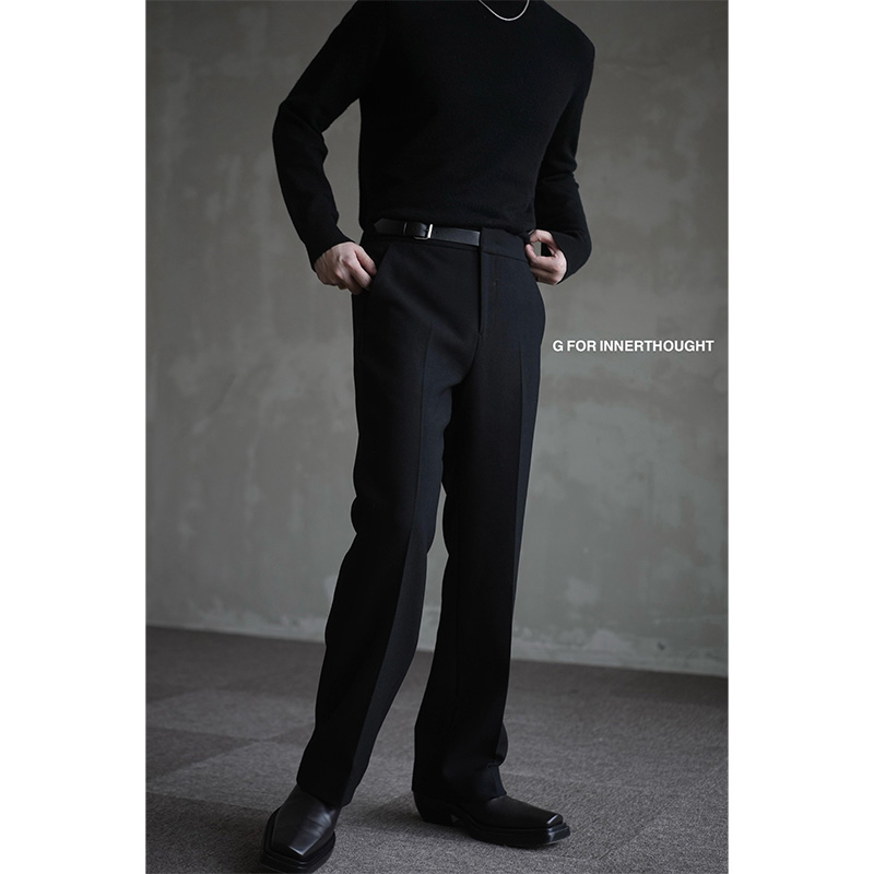G FOR INNERTHOUGHT|秋款进口美丽奴羊毛装饰皮扣黑色直筒西裤