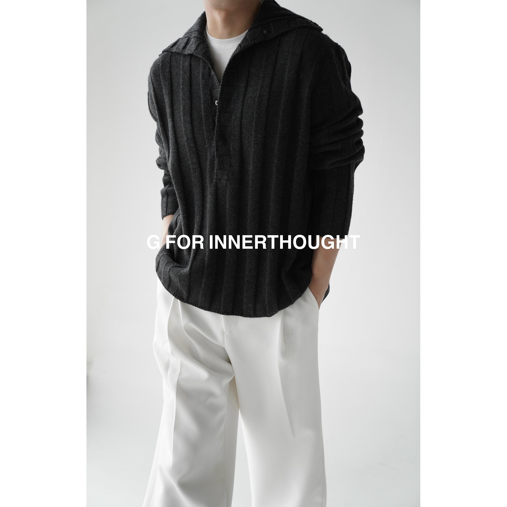 G FOR INNERTHOUGHT|亲肤柔软复古坑条獨家翻领针织衫