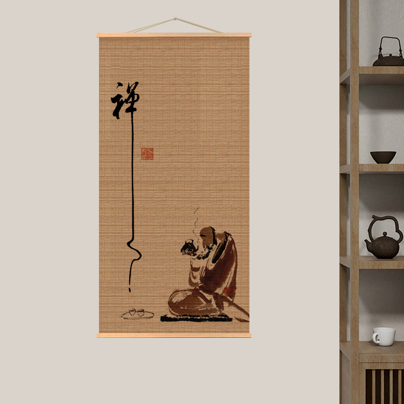 中国风禅意新中式竹帘挂画房茶室背景玄关禅意茶室书房禅道茶道