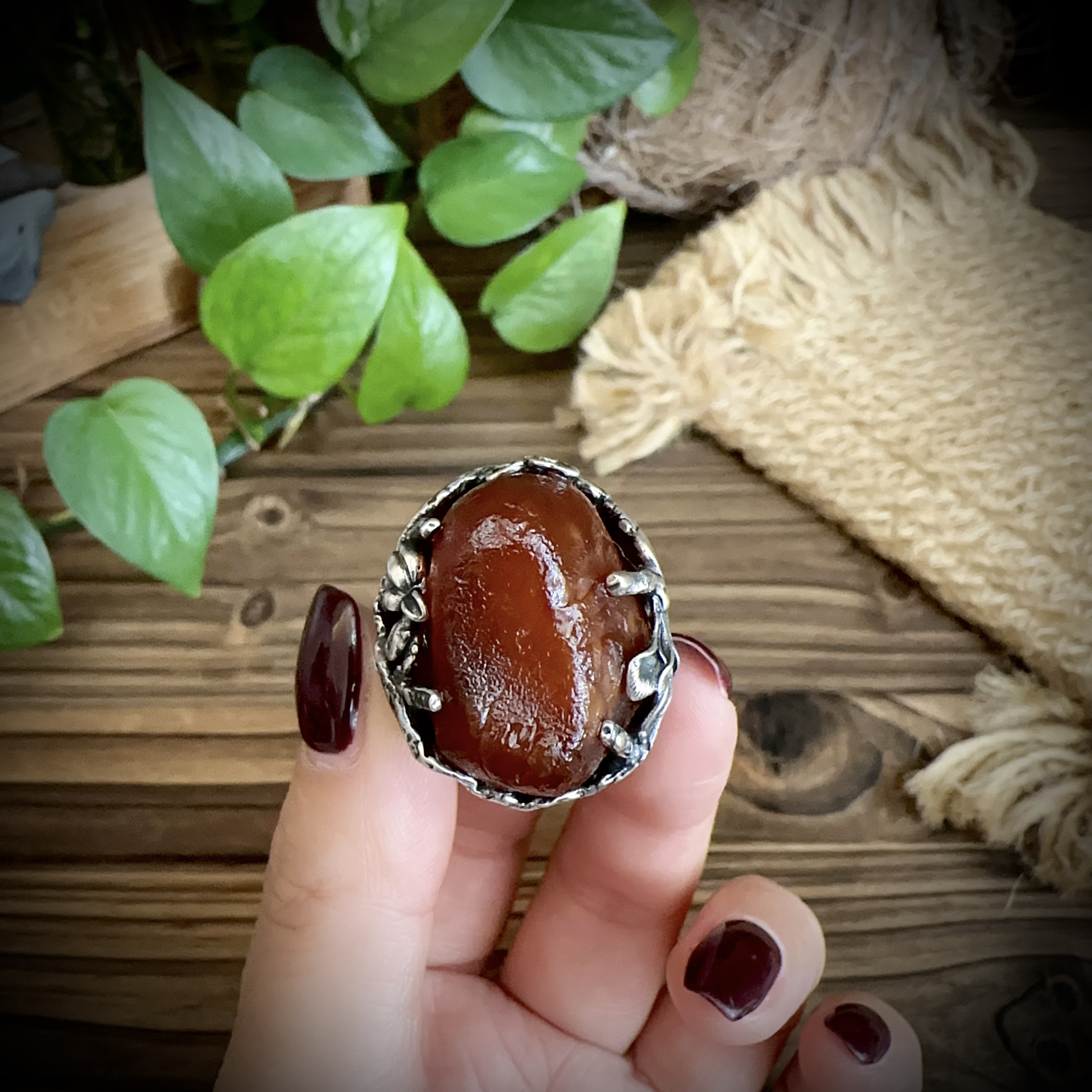 【古香古色】复古s925银蜜蜡琥珀戒指（开口可调节）