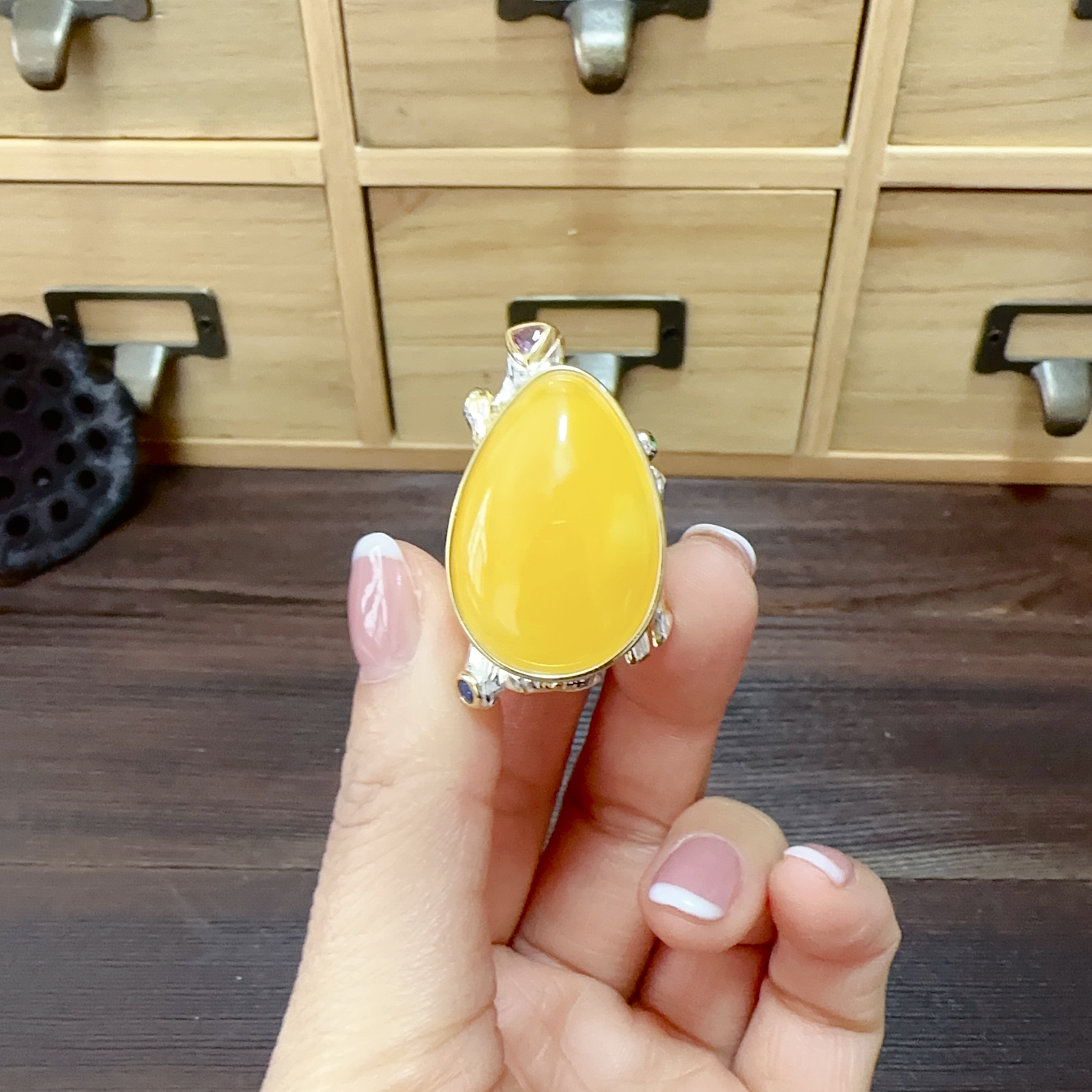 【古香古色】复古s925银蜜蜡琥珀戒指（开口可调节）
