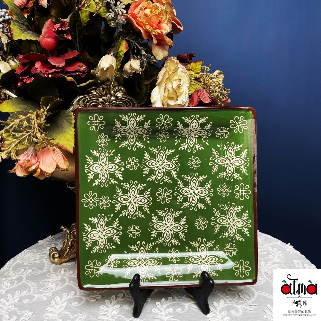 阿勒玛【常青藤绿】手绘11寸加厚方盘防烫简约耐磨轻奢餐盘2个