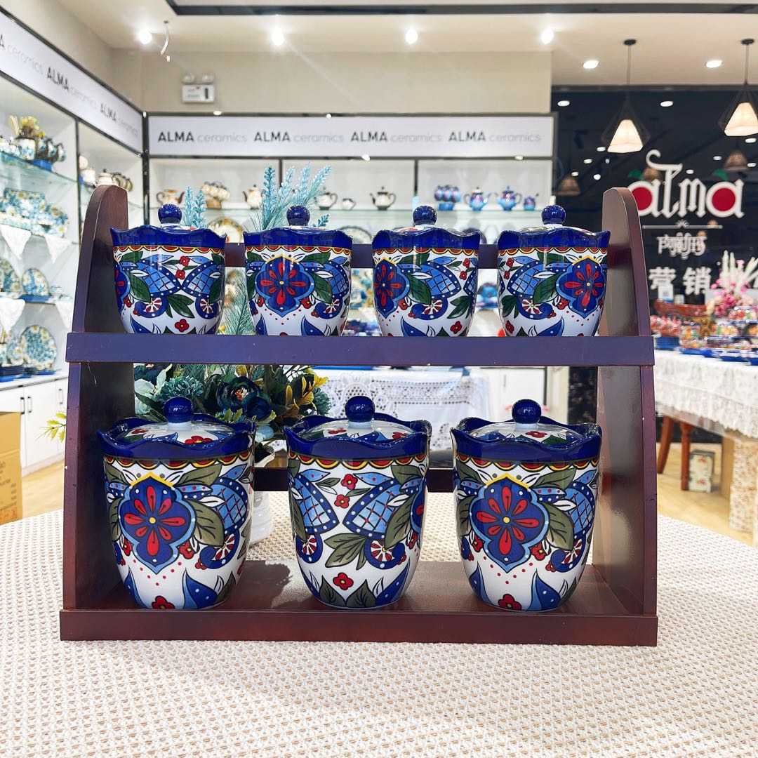 阿勒玛新疆包邮 【套7调料罐】手绘7件带架调料罐防烫陶瓷罐储存罐 