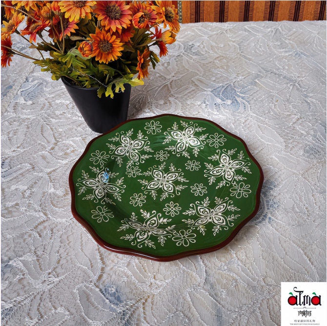 阿勒玛 新疆包邮【常青藤】家用手绘9寸荷口圆盘加厚防烫轻奢餐盘