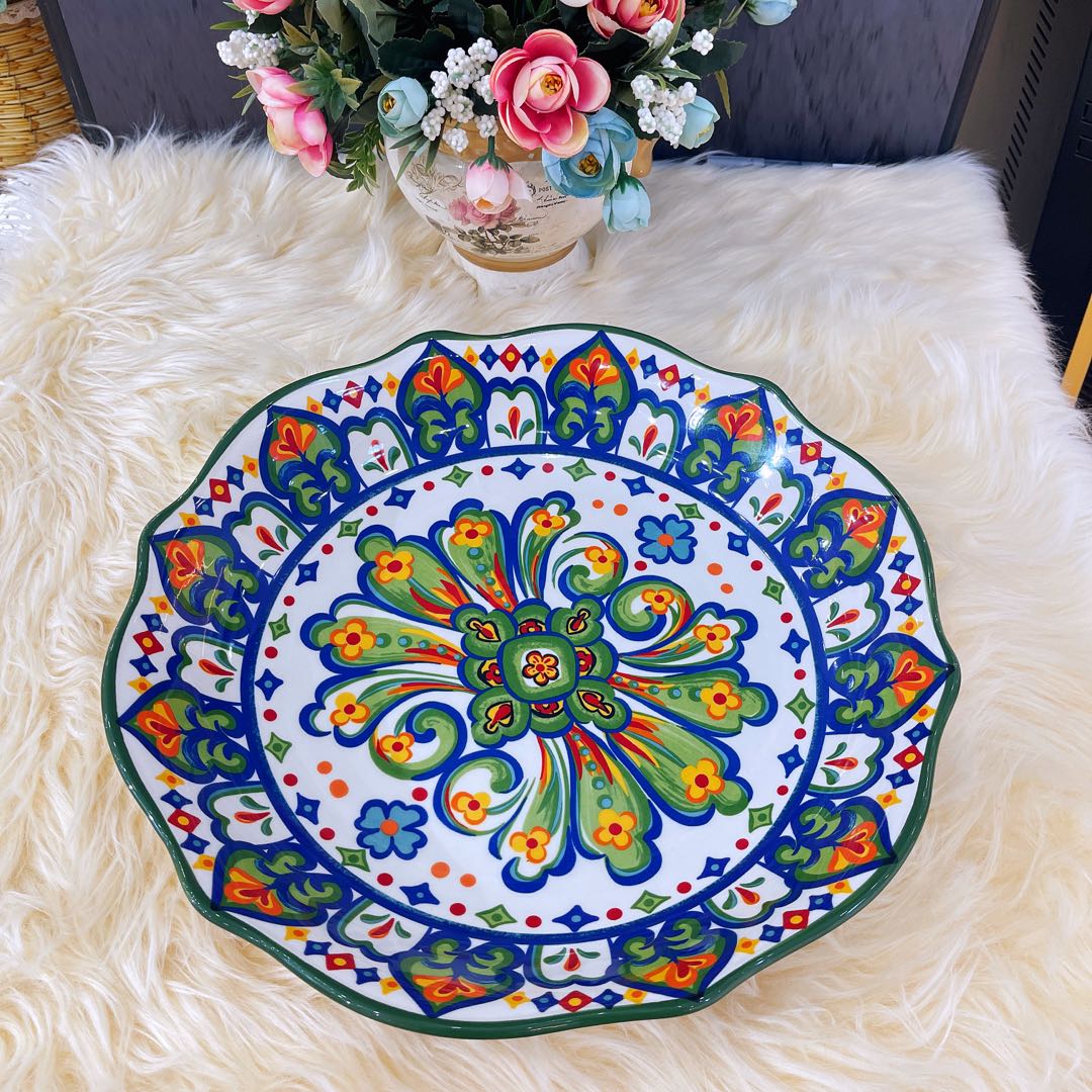  阿勒玛包邮【托斯卡纳】手绘家用加厚防烫装汤轻奢14寸大盘鸡   