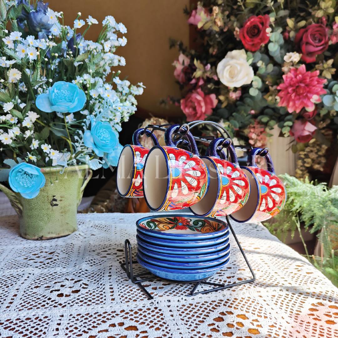 阿勒玛新疆包邮【芊芊花杯碟】6杯6碟水具套装加厚防烫耐磨