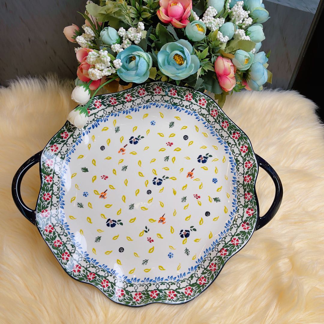 阿勒玛 新疆包邮 【多彩生活】手绘14寸双耳波浪盘防烫双耳手抓肉盘