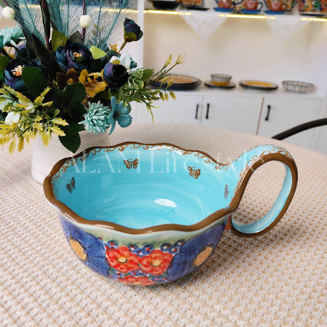  新疆包邮【蝶恋花蓝】家用手绘釉下彩欧式9寸曲把碗