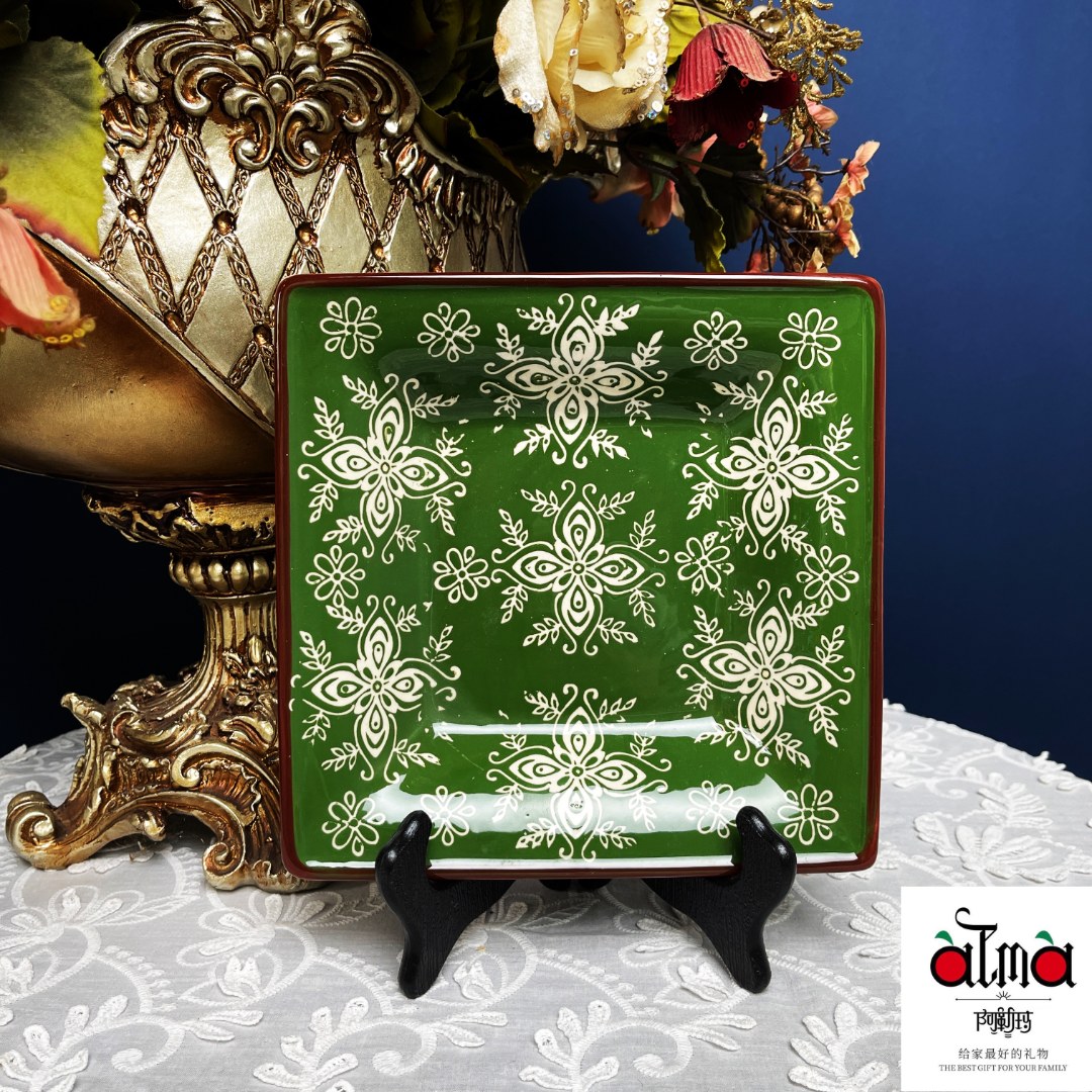 阿勒玛新疆包邮【常青藤绿】手绘家用防烫简约耐磨轻奢8寸方盘