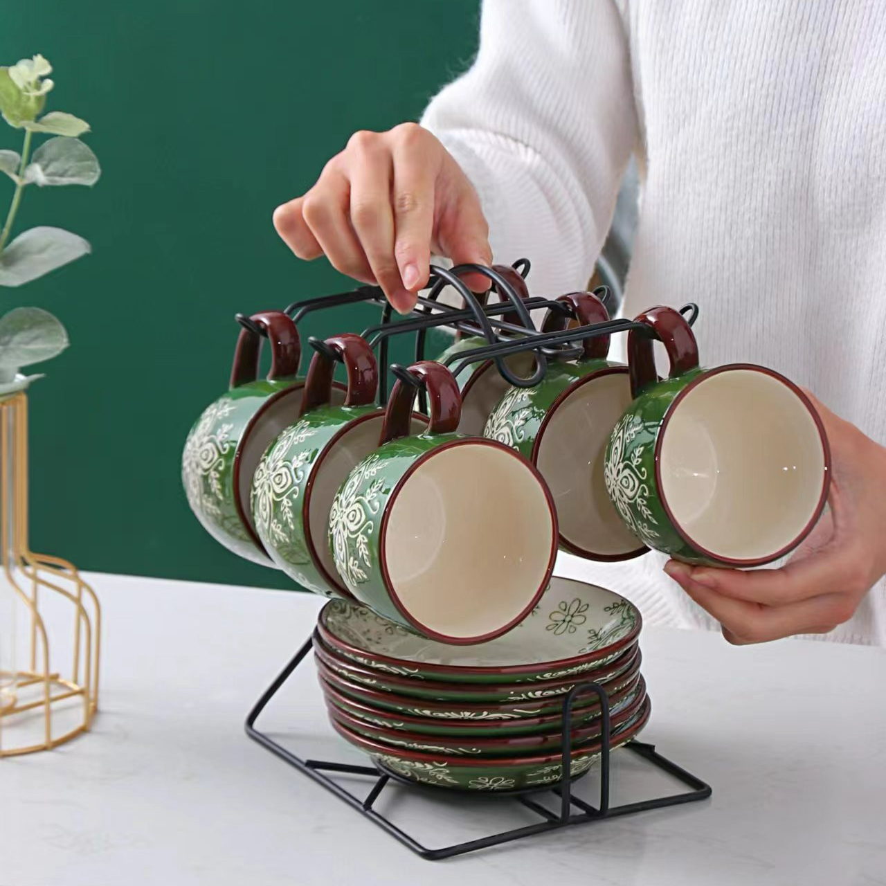 阿勒玛新疆包邮【常青藤6杯6碟】手绘水具套装加厚防烫耐磨不带茶壶