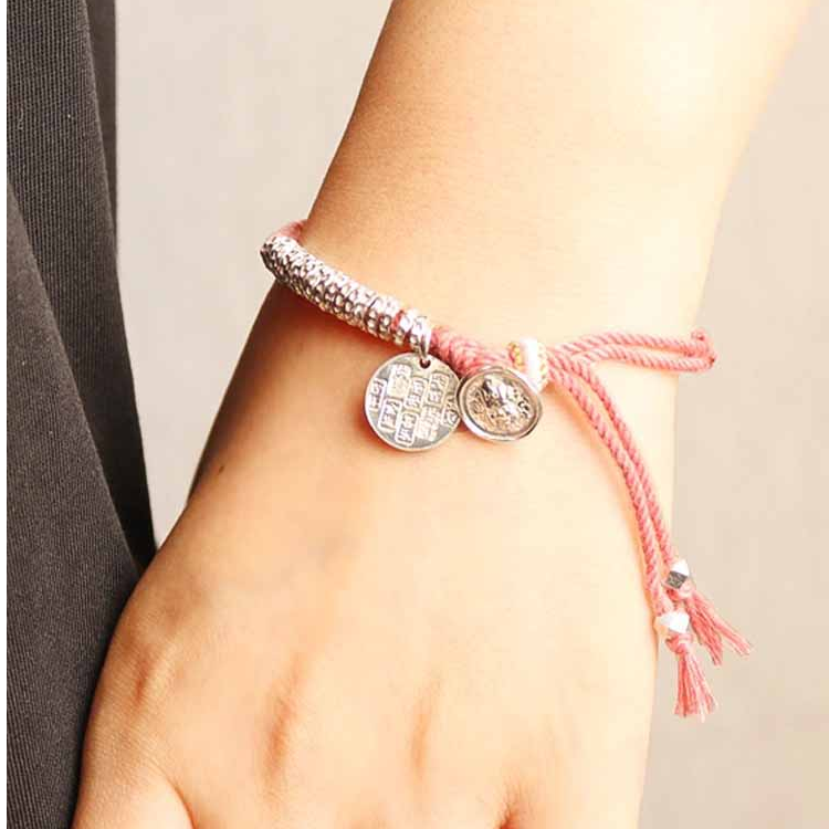 足银手链 999.9实心黄财神盘缠手串 时尚百搭编织男女可调节手链