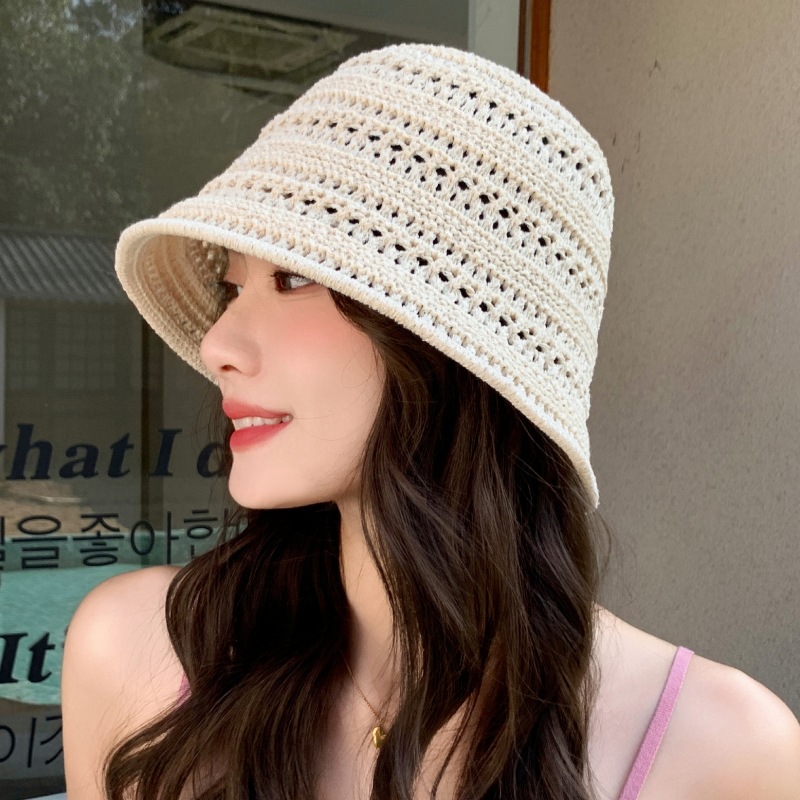 2024白色薄款草编渔夫帽女夏季镂空透气遮阳太阳帽子水桶盆帽