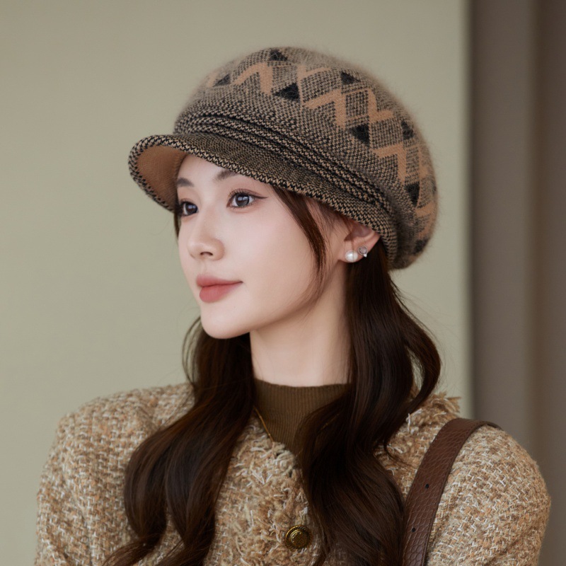 优雅条纹针织毛线帽加绒加厚提花保暖护耳帽冬季妈妈帽毛毛鸭舌帽